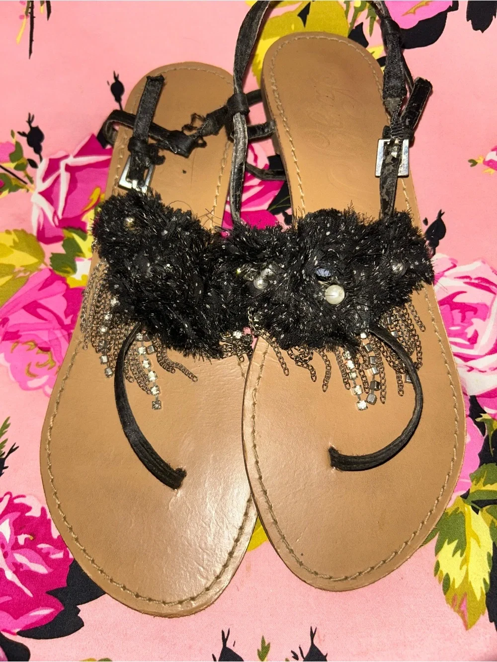 Naughty Monkey Black crystal thong sandals flip flops 90’s Y2K vintage shoes 9